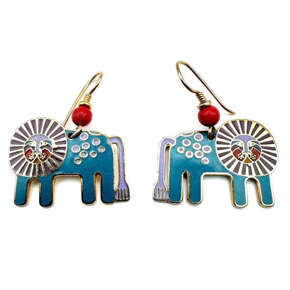 Vintage LAUREL BURCH LEONARDO Lion Earrings Cloisonne Teal Blue Purple Red 1980s